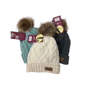 Bundle Of 3 Pom Pom Beanies One Size Stretchy Cozy Warm Knit